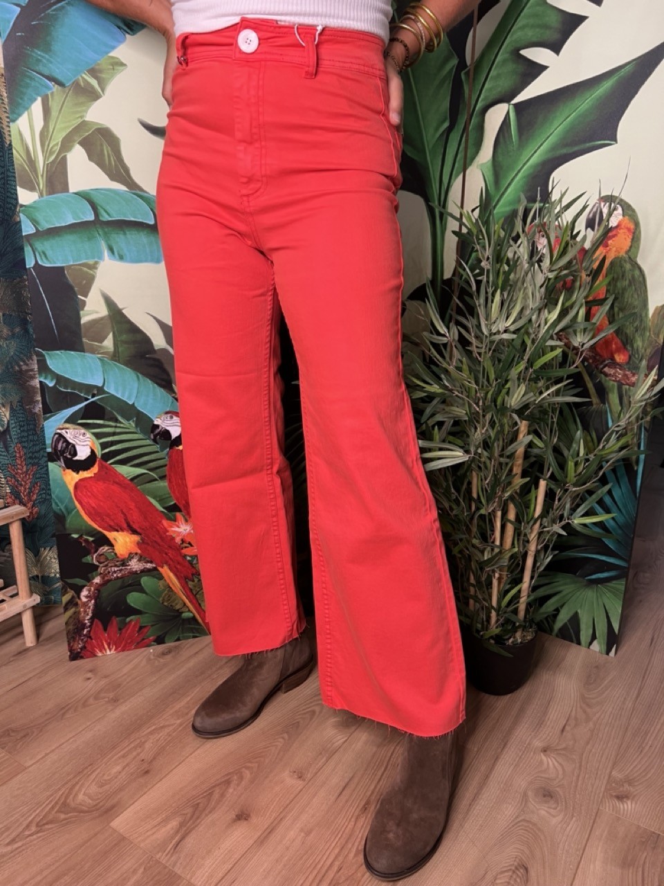 Jean Couleur Cropped Evasé Taille Haute Bas...