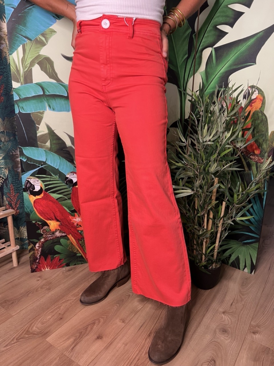 Jean Couleur Cropped Evasé Taille Haute Bas...