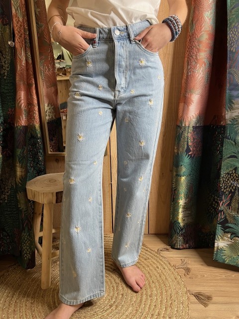 Jean Straight Cropped Blue Brodé Pola Embro FAM 2