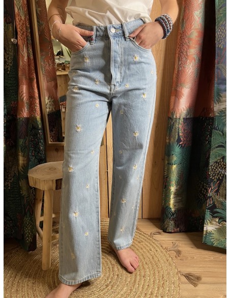 Jean Straight Cropped Blue Brodé Pola Embro FAM