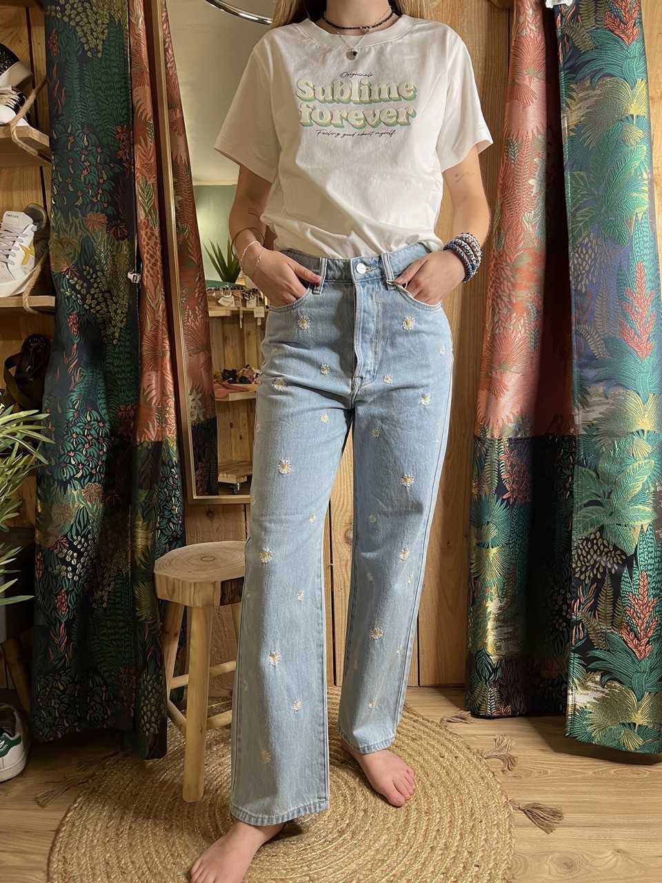 Jean Straight Cropped Blue Brodé Pola Embro FAM