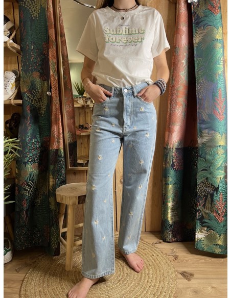 Jean Straight Cropped Blue Brodé Pola Embro FAM