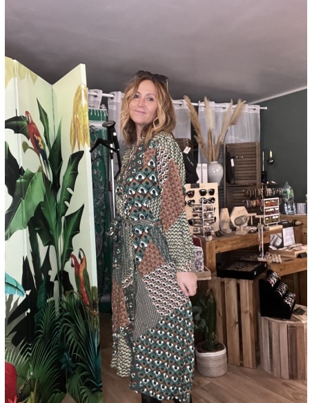 Robe Longue Vert Camel Imprimé Patchwork Moon La Petite Etoile