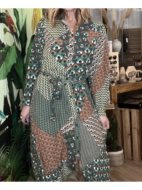 Robe Longue Vert Camel Imprimé Patchwork Moon La Petite... 2