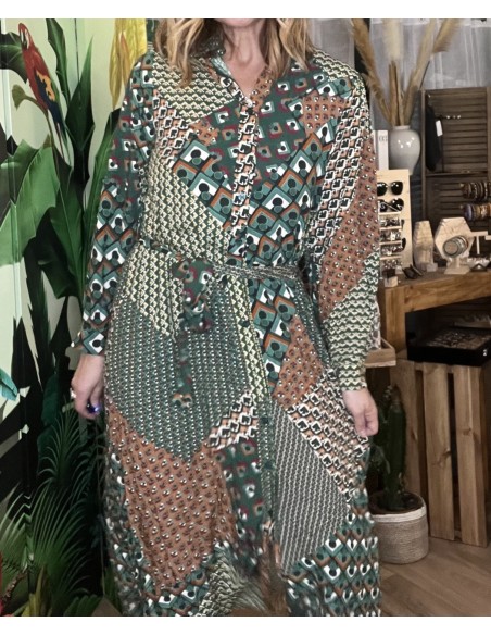 Robe Longue Vert Camel Imprimé Patchwork Moon La Petite Etoile
