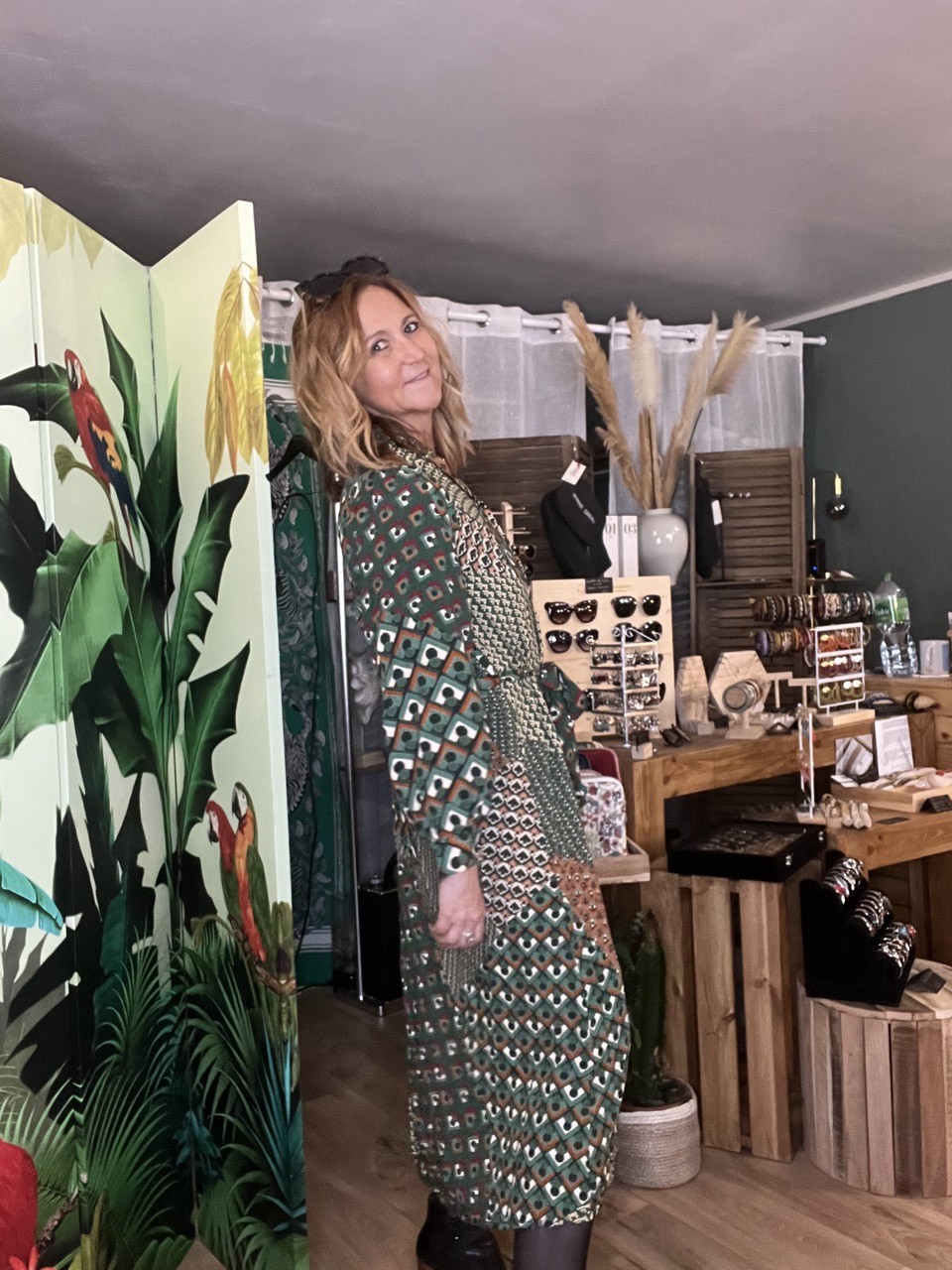 Robe Longue Vert Camel Imprimé Patchwork Moon...