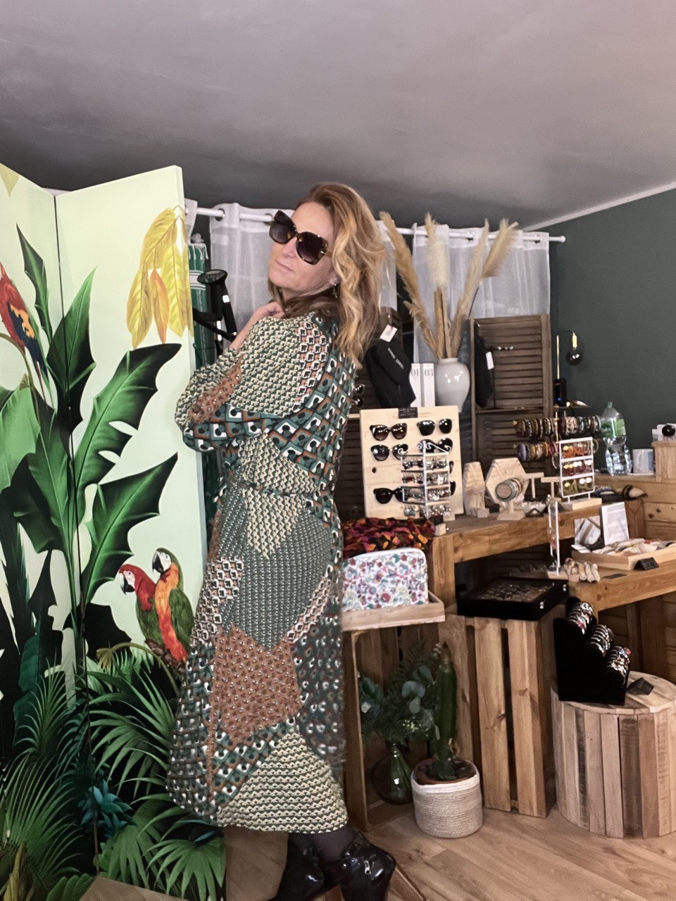 Robe Longue Vert Camel Imprimé Patchwork Moon...