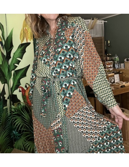 Robe Longue Vert Camel Imprimé Patchwork Moon La Petite Etoile