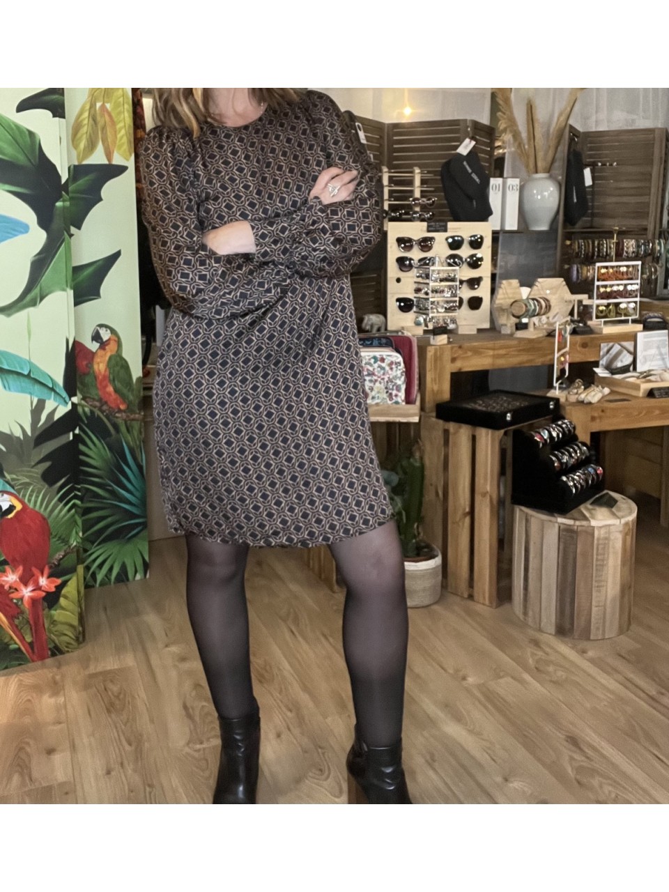 Robe à Imprimé graphique bicolore Noir Camel...