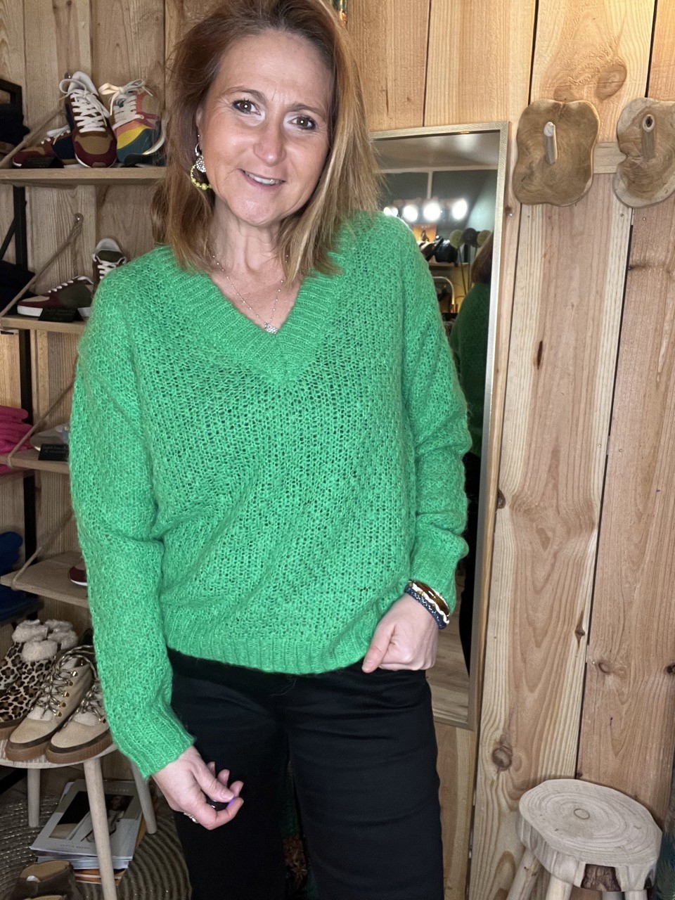 Pull vert col en V Pulz Jeans