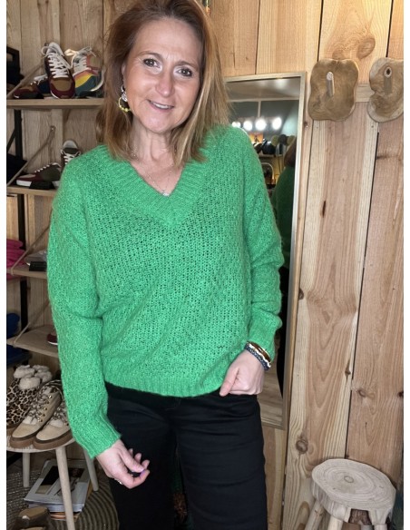 Pull vert col en V Pulz Jeans
