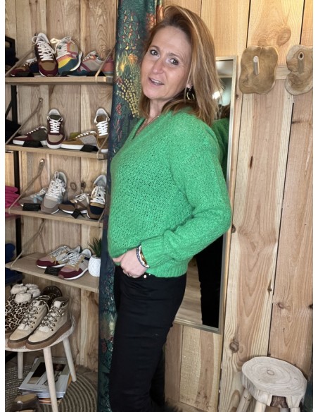 Pull vert col en V Pulz Jeans