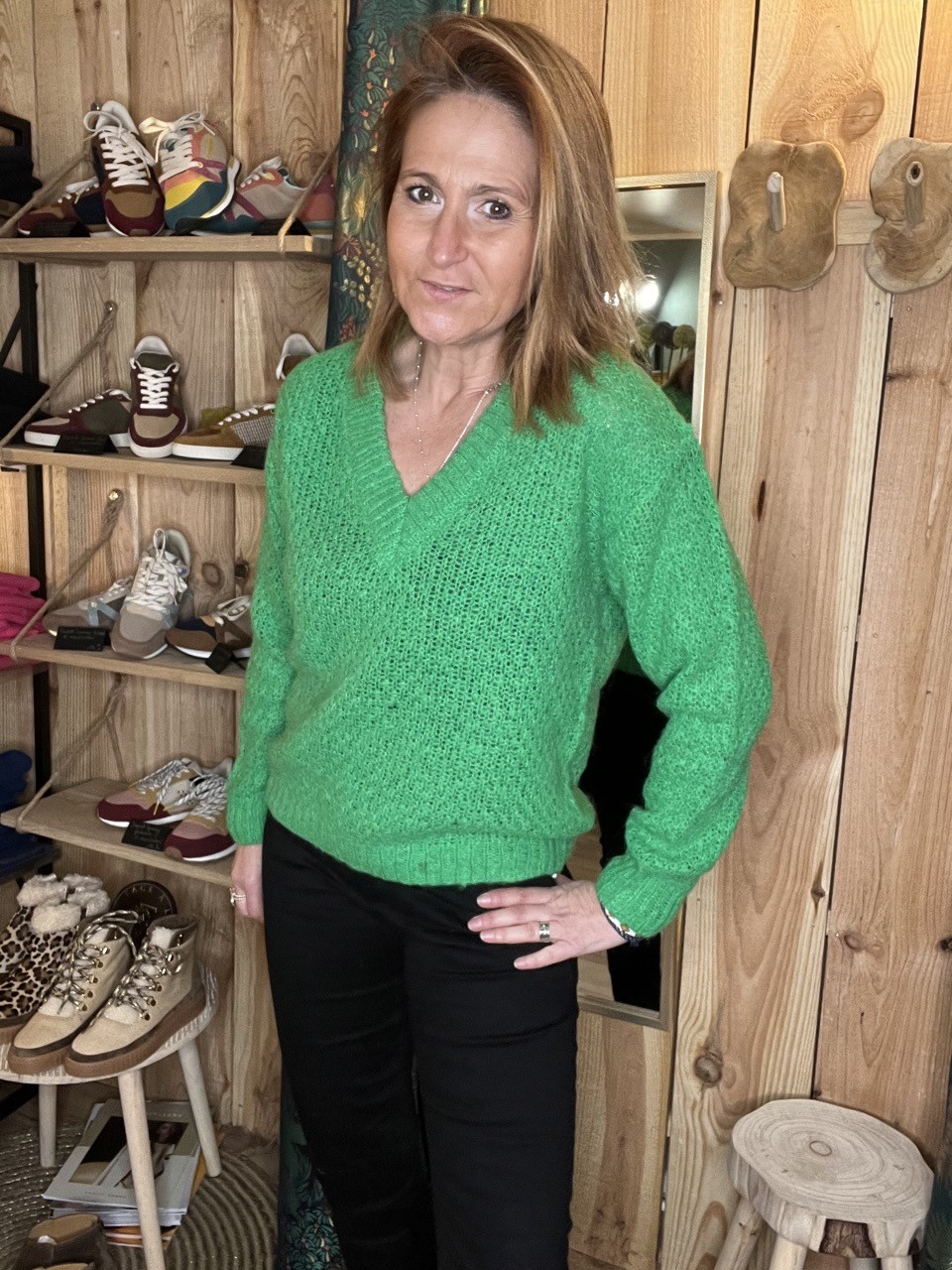 Pull vert col en V Pulz Jeans