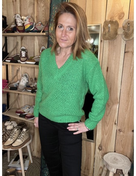 Pull vert col en V Pulz Jeans