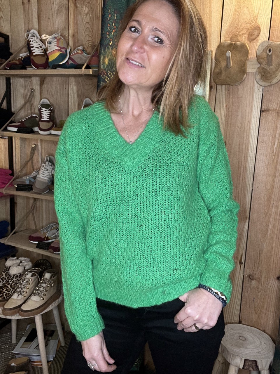 Pull vert col en V Pulz Jeans