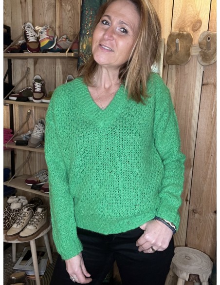 Pull vert col en V Pulz Jeans