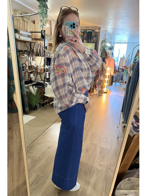 Blouse Carreaux Bleus Détails Perles SHAVONE Orféo 2