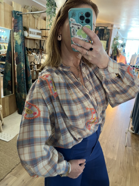 Blouse Carreaux Bleus Détails Perles SHAVONE Orféo